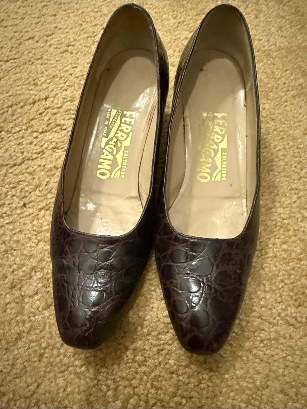 Salvatore Ferragamo Dark Brown Croc-Embossed Leather Pumps